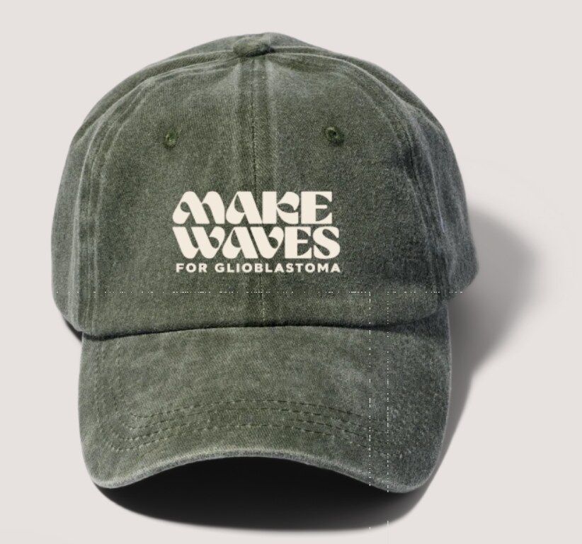 Bluestone green washed hat with ivory Make Waves embroidery