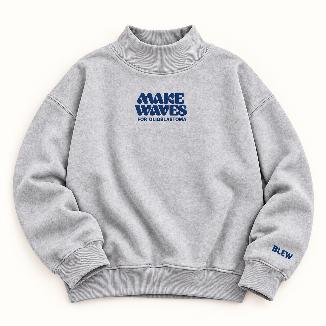 Gray mock neck sweatshirt with navy Make Waves embroidery